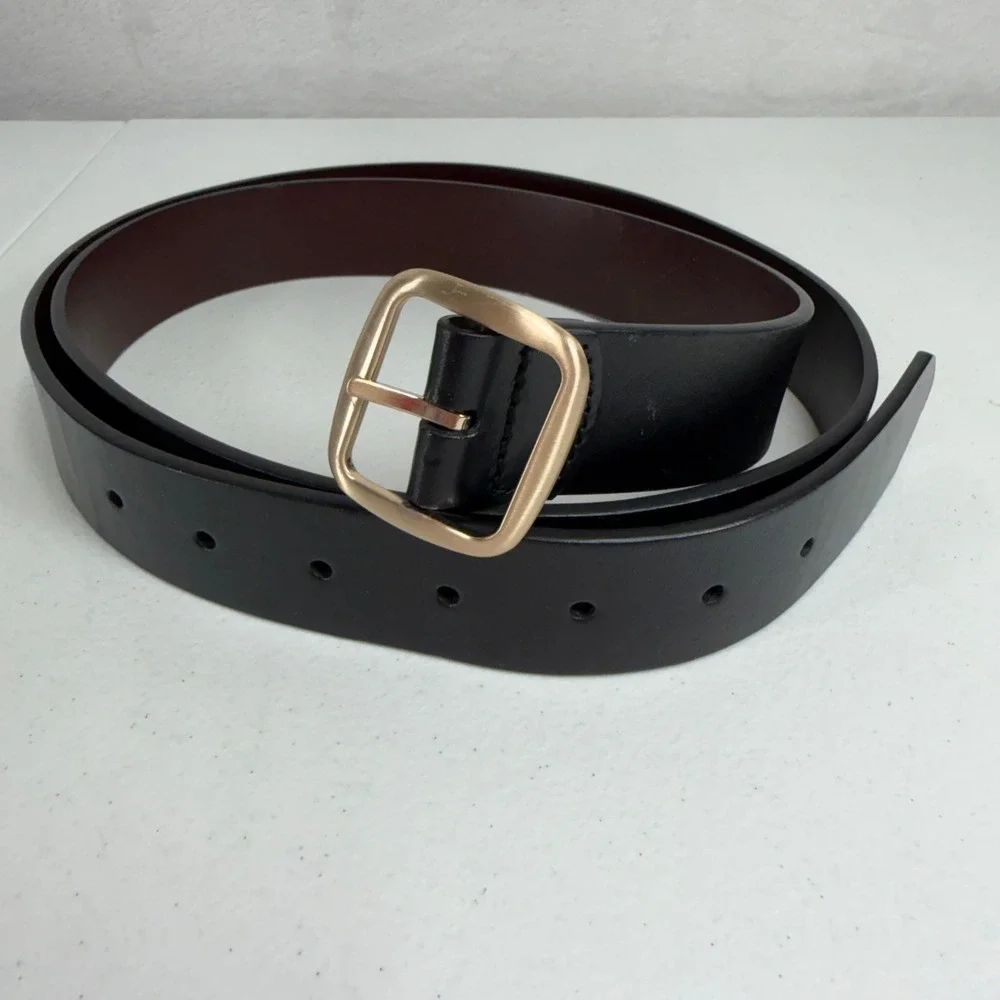 Lands End 2X Belt Black Leather Classic Gold Buckle 544422 F24 Plus Size Mens
